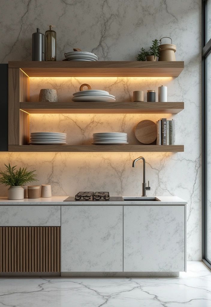 Minimalist Modern Kitchen with Integrated LED-Lit Floating Shelves and Marble-Effect Cabinetry.