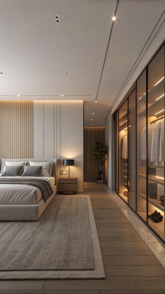 Luxe Contemporary Master Suite with Integrated Glass-Fronted Walk-In Wardrobe and Slatted Feature Wall.
