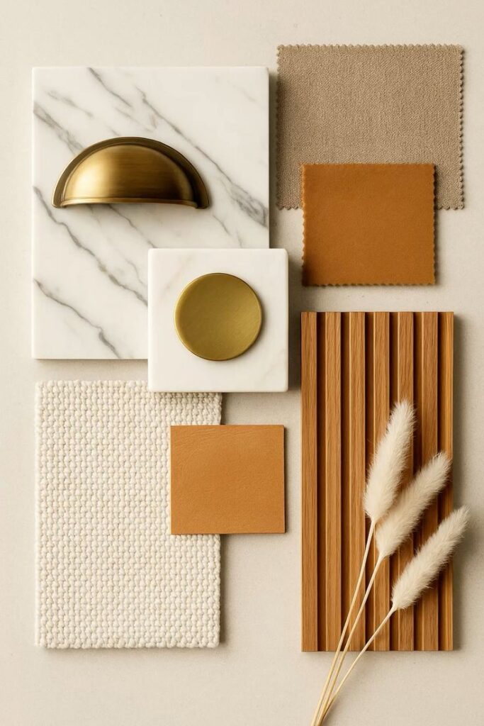 Neutral Interior Design Material Mood Board with Warm Textures and Brushed Brass Accents.