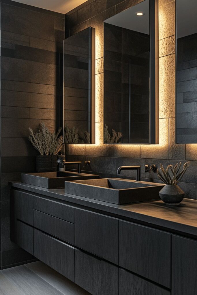 Luxe Nordic Noir Double Vanity Suite with Integrated Backlit Mirrors and Matte Black Basins.