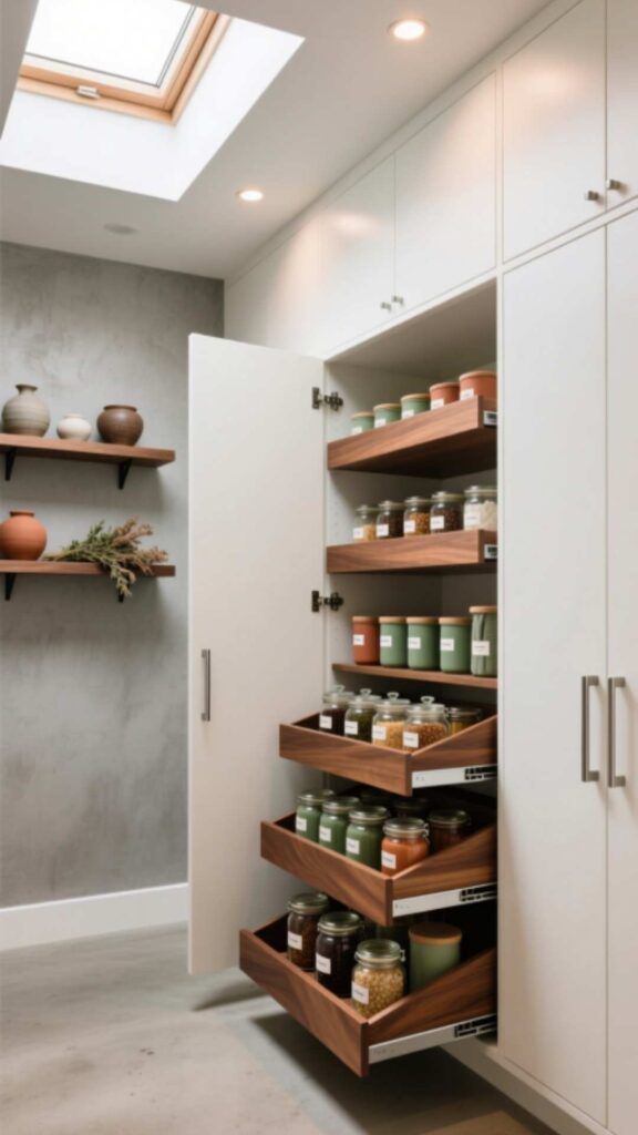 Modern Minimalist Kitchen Pantry with Integrated Walnut Pull-Out Drawers and Sleek White Cabinetry.