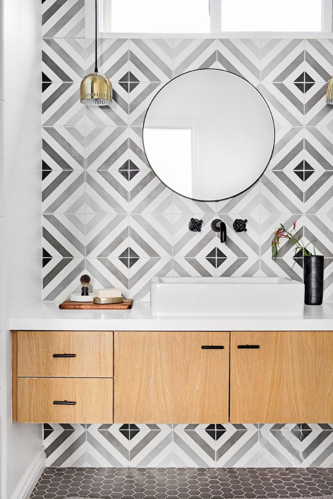 e3d61db91de774bca1a86ed55376edb0 Scandi-Modern Bathroom Vanity Suite with Geometric Encaustic Tiles and Light Oak Floating Cabinetry.