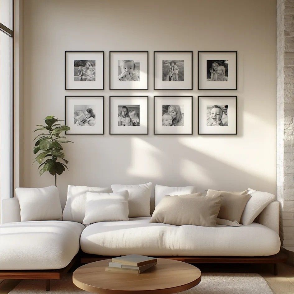 Modern Minimalist Family Gallery Wall with Eight Square Black-Framed Monochrome Portraits.