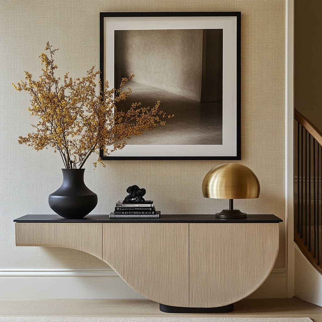 edbedaaaac0ee8b60fff1f3b7b68d9c6 Sculptural Half-Moon Floating Console with Fluted Oak Finish and Integrated Black Stone Top.
