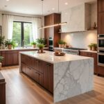 Kitchen island with waterfall edge, pendant lighting and seating in modern kitchen