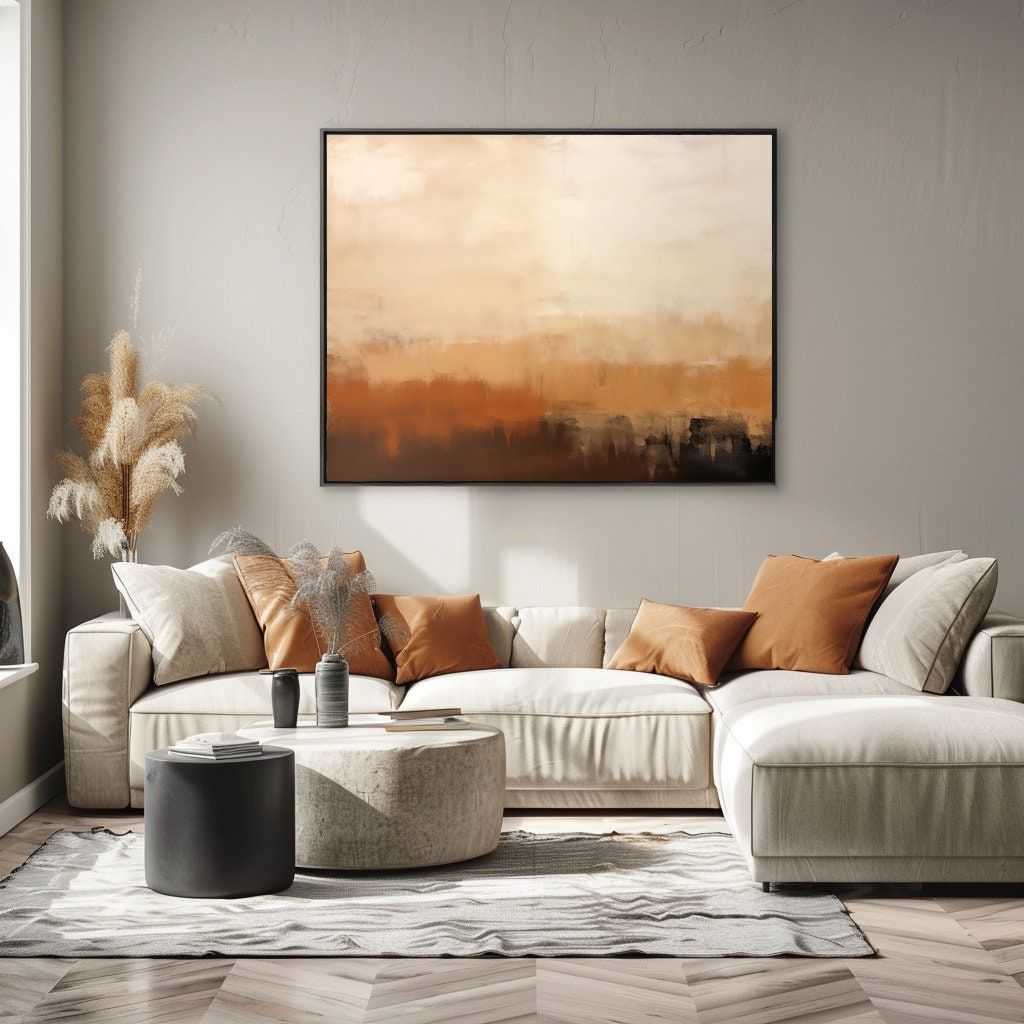 f1ebfa96b61fc5c1c63cb5f79f536dc0 Luxe Organic Living Suite with Oversized Abstract Earth-Tone Canvas and Low-Profile Cream Sectional.