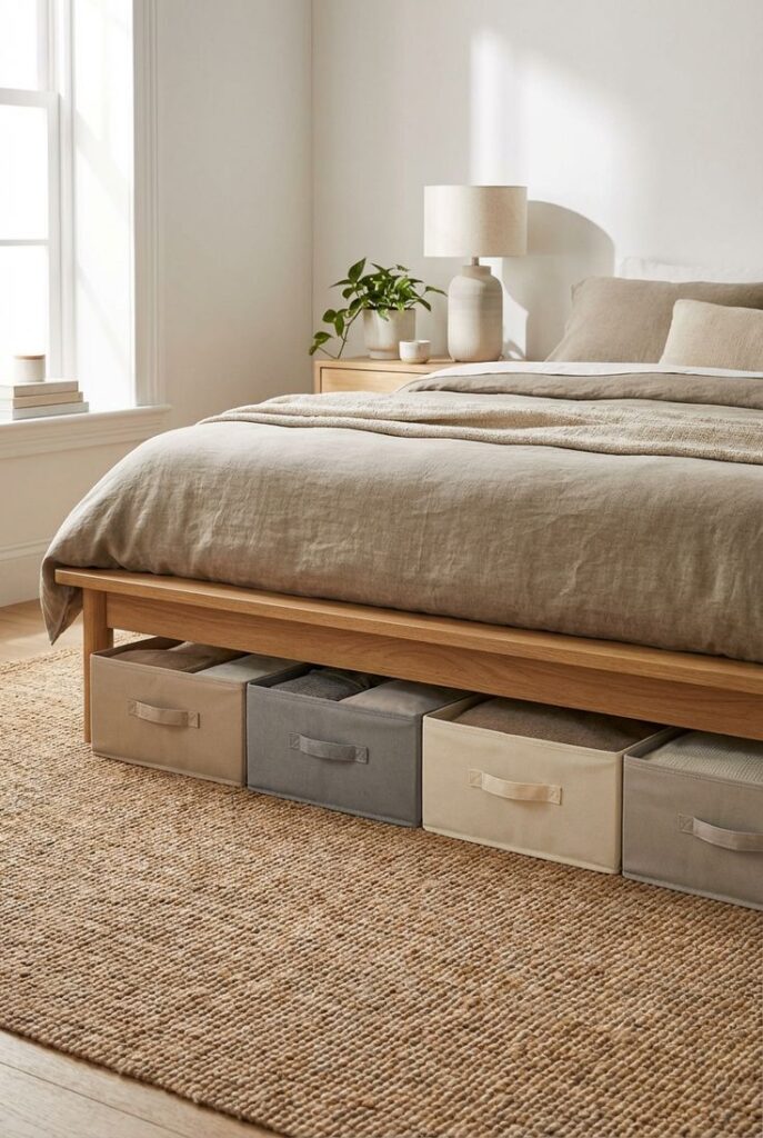 Neutral Linen-Look Underbed Storage Organizers for Seamless Bedroom De-Cluttering.