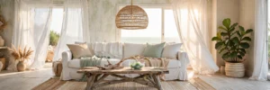 Beach house living room with sun-bleached coastal decor, whitewashed walls, rattan lighting and natural textures