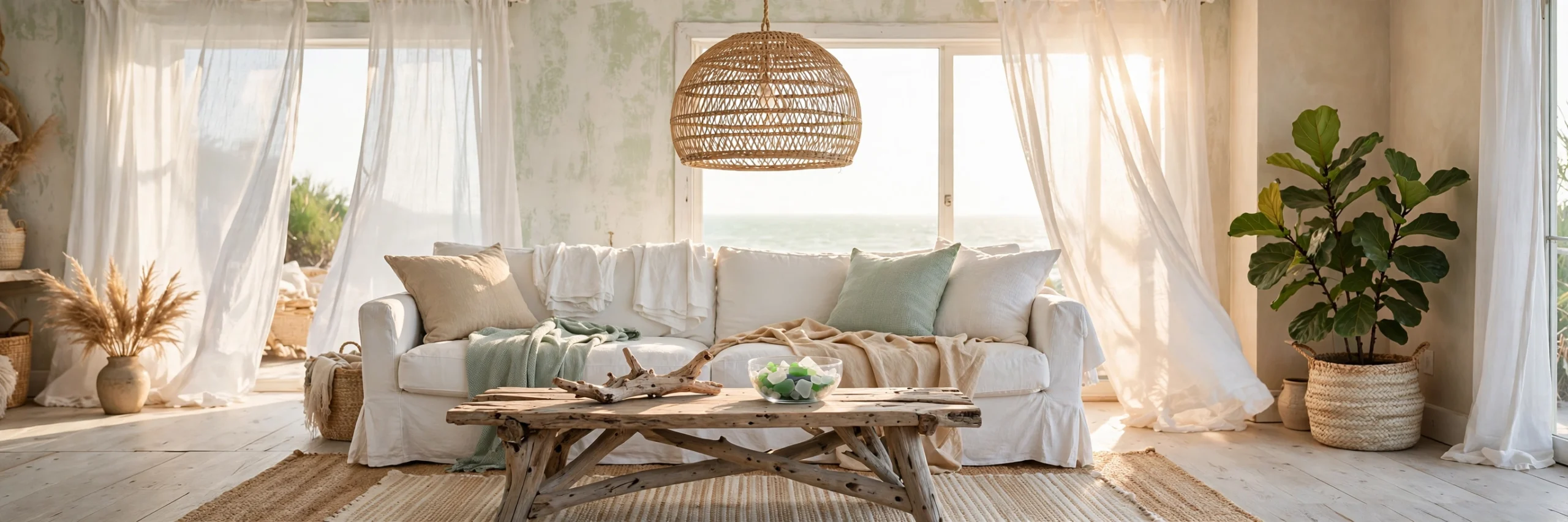 Beach house living room with sun-bleached coastal decor, whitewashed walls, rattan lighting and natural textures