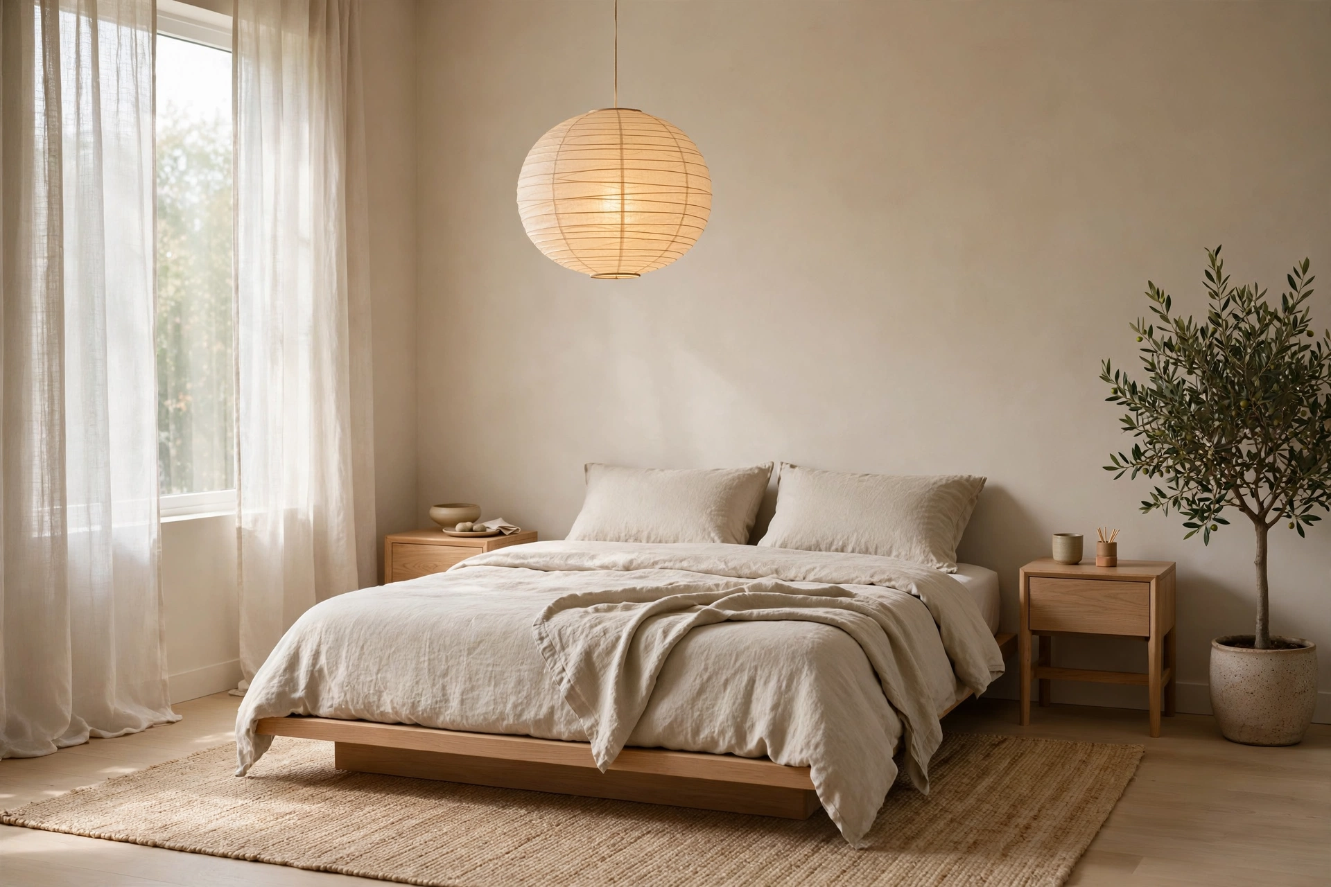 Serene Japandi bedroom with low wooden platform bed, warm neutrals and soft daylight