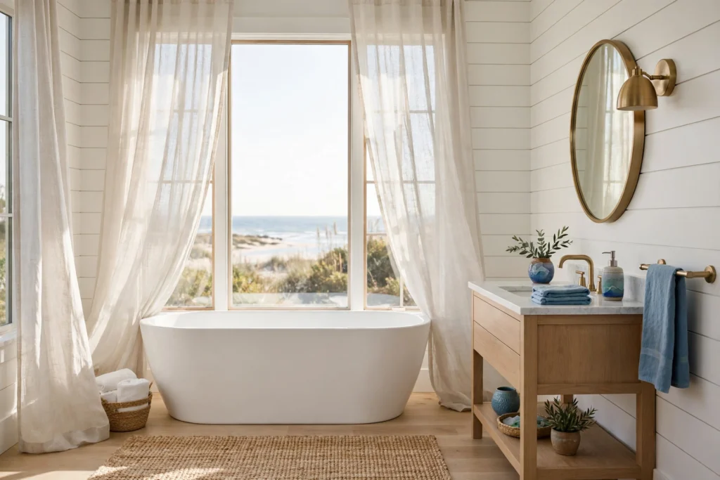 Breezy coastal bathroom with white shiplap, freestanding tub, and sea-glass blue accents