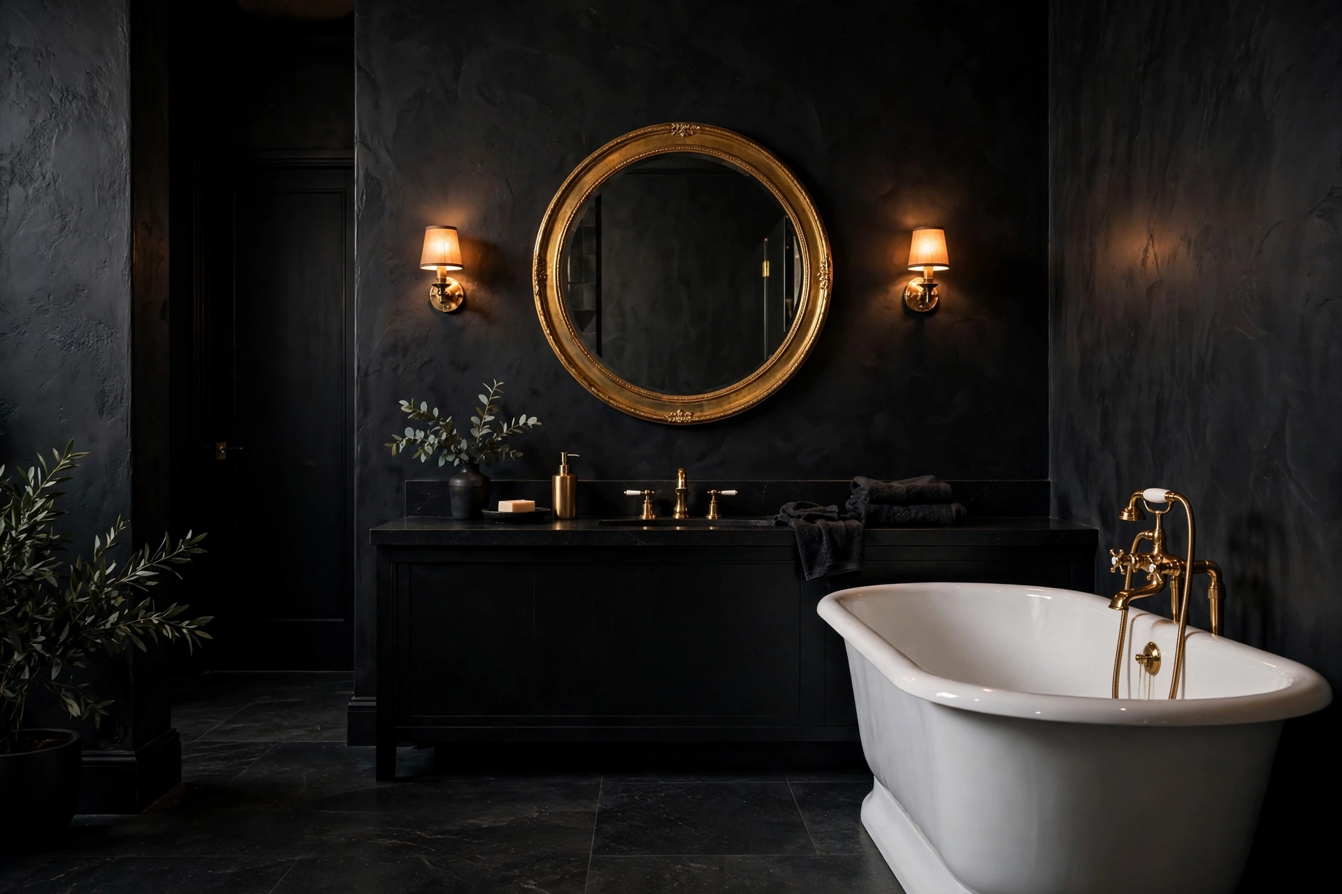 Dark moody bathroom ideas: dramatic bathroom with matte black walls, brass fixtures, and warm low lighting.