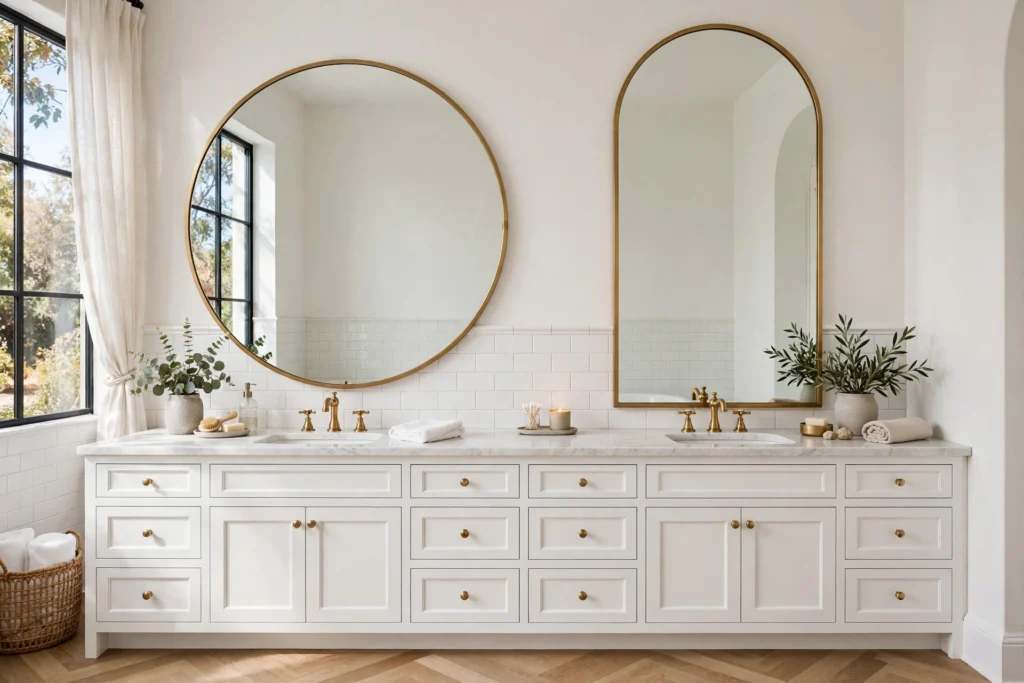 Bathroom mirror ideas: bright bathroom with an oversized round mirror and an arched mirror over a double vanity.