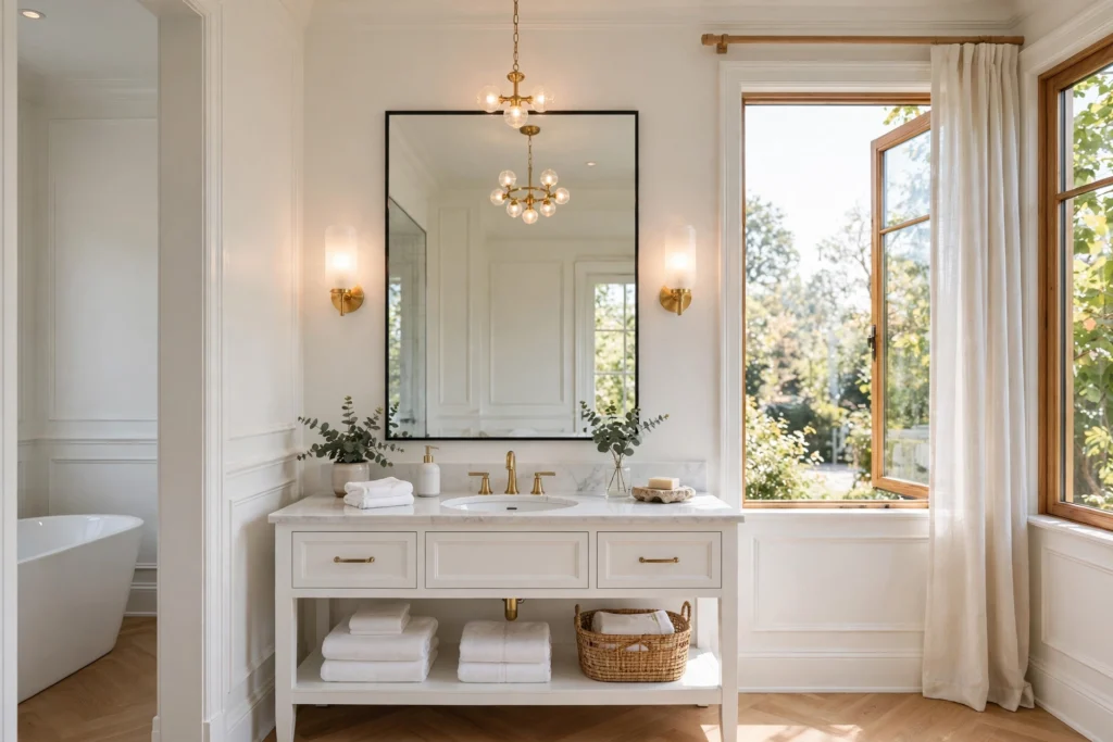 Bathroom lighting ideas: bright beautiful bathroom with layered sconces, chandelier, and natural daylight.