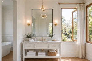 Bathroom lighting ideas: bright beautiful bathroom with layered sconces, chandelier, and natural daylight.