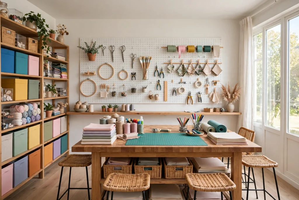 Craft room ideas: bright creative organized craft room with pegboard wall, central island, and colorful storage.