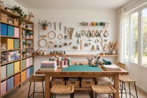 Craft room ideas: bright creative organized craft room with pegboard wall, central island, and colorful storage.