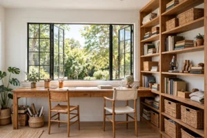 A bright homeschool room with a long wooden desk, two chairs, open shelving, and a large window with natural light.