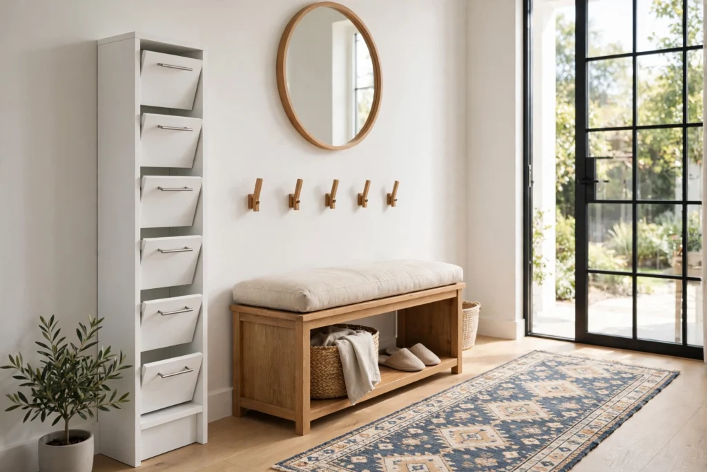 A tidy entryway shoe storage setup with a slim white tilt-out cabinet, bench, mirror, and runner rug.