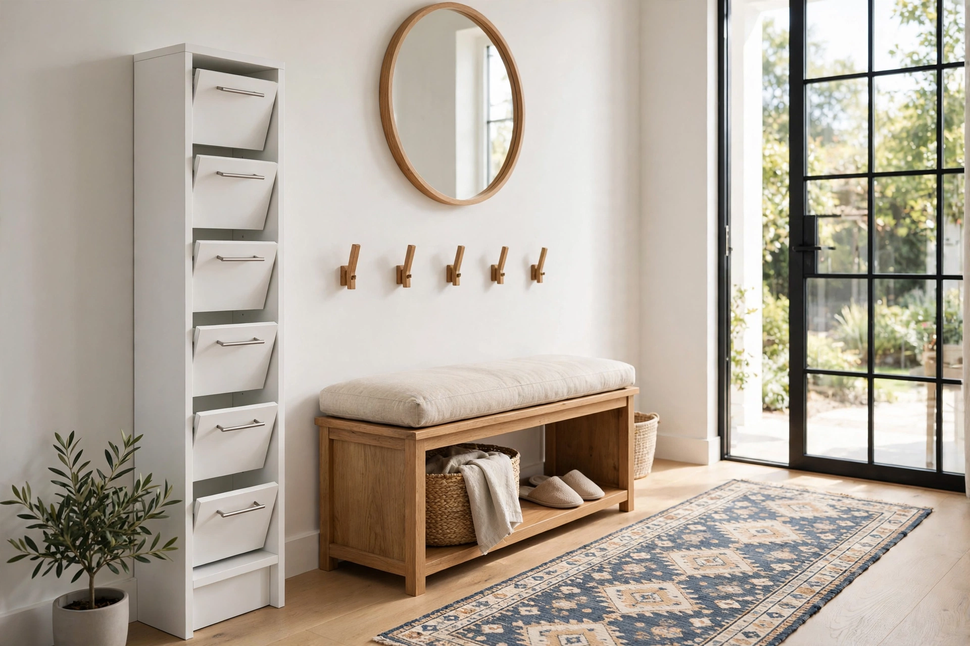 A tidy entryway shoe storage setup with a slim white tilt-out cabinet, bench, mirror, and runner rug.