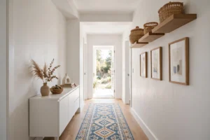 A bright hallway storage design with a shallow console cabinet, high floating shelves, and a runner rug.