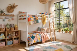 A bright bunk bed room with a white twin-over-twin bunk, colorful bedding, and a large window.