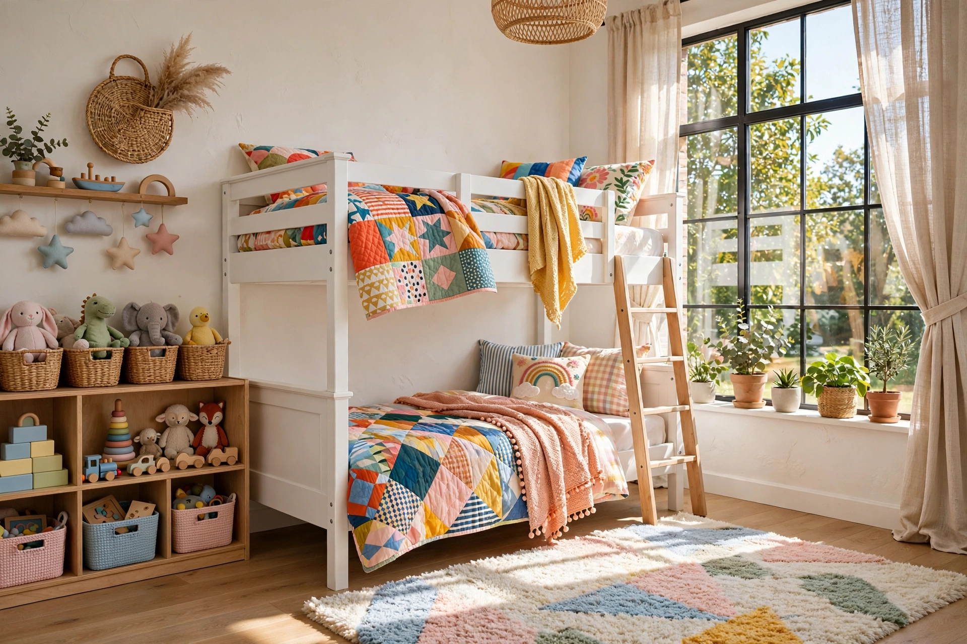 A bright bunk bed room with a white twin-over-twin bunk, colorful bedding, and a large window.
