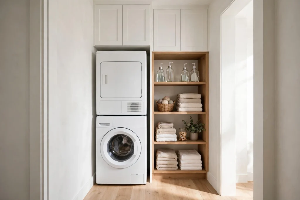 Laundry closet ideas featuring a stacked washer and dryer with white shaker cabinets and open shelving in a bright narrow closet.