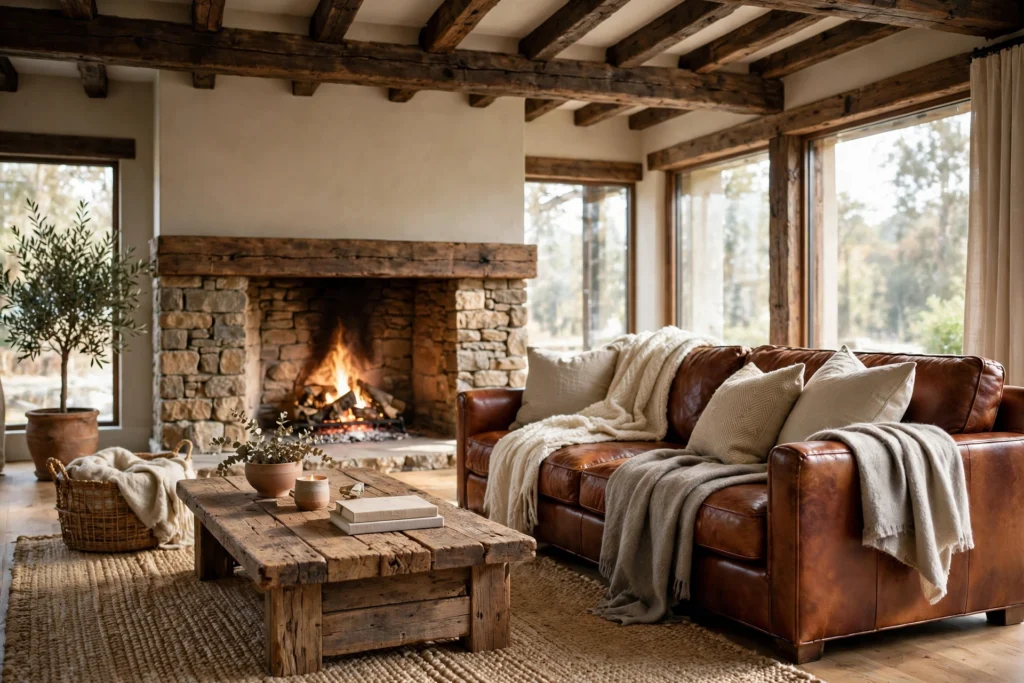 Warm rustic living room with exposed beams, stone fireplace, leather sofa and reclaimed wood coffee table