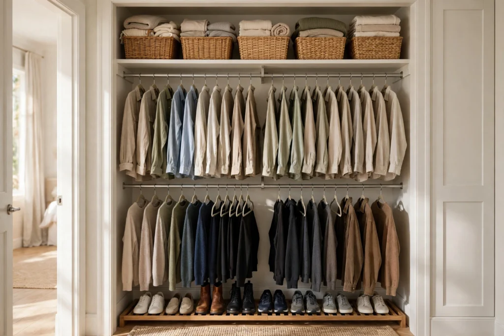 Reach-in closet ideas showing a bright organized closet with double hanging rods, shelves, and matching slim hangers.
