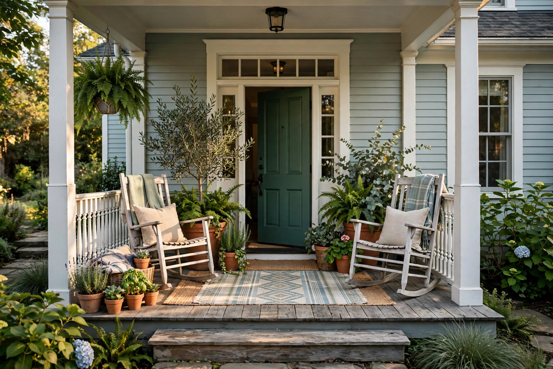 Front porch decorating ideas showing a welcoming porch with rocking chairs, layered rugs, and lush planters by the door.