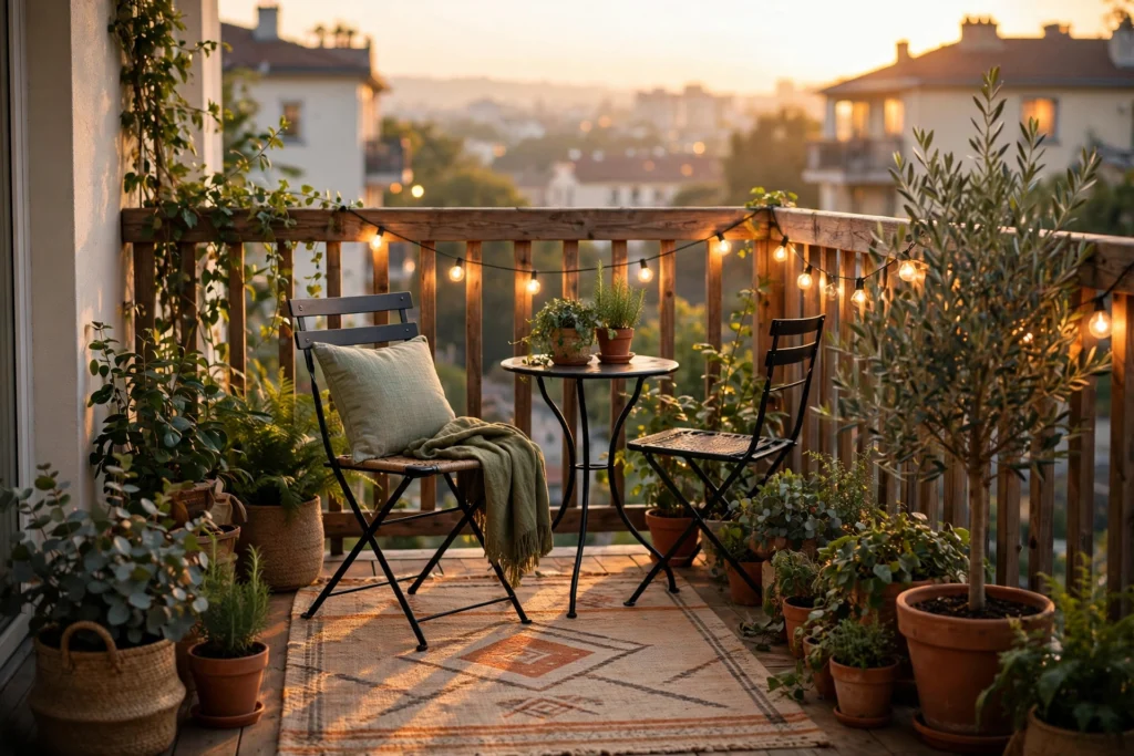 Balcony decor ideas showing a cozy apartment balcony retreat with bistro seating, string lights, and lush plants.