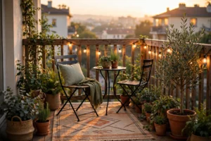 Balcony decor ideas showing a cozy apartment balcony retreat with bistro seating, string lights, and lush plants.