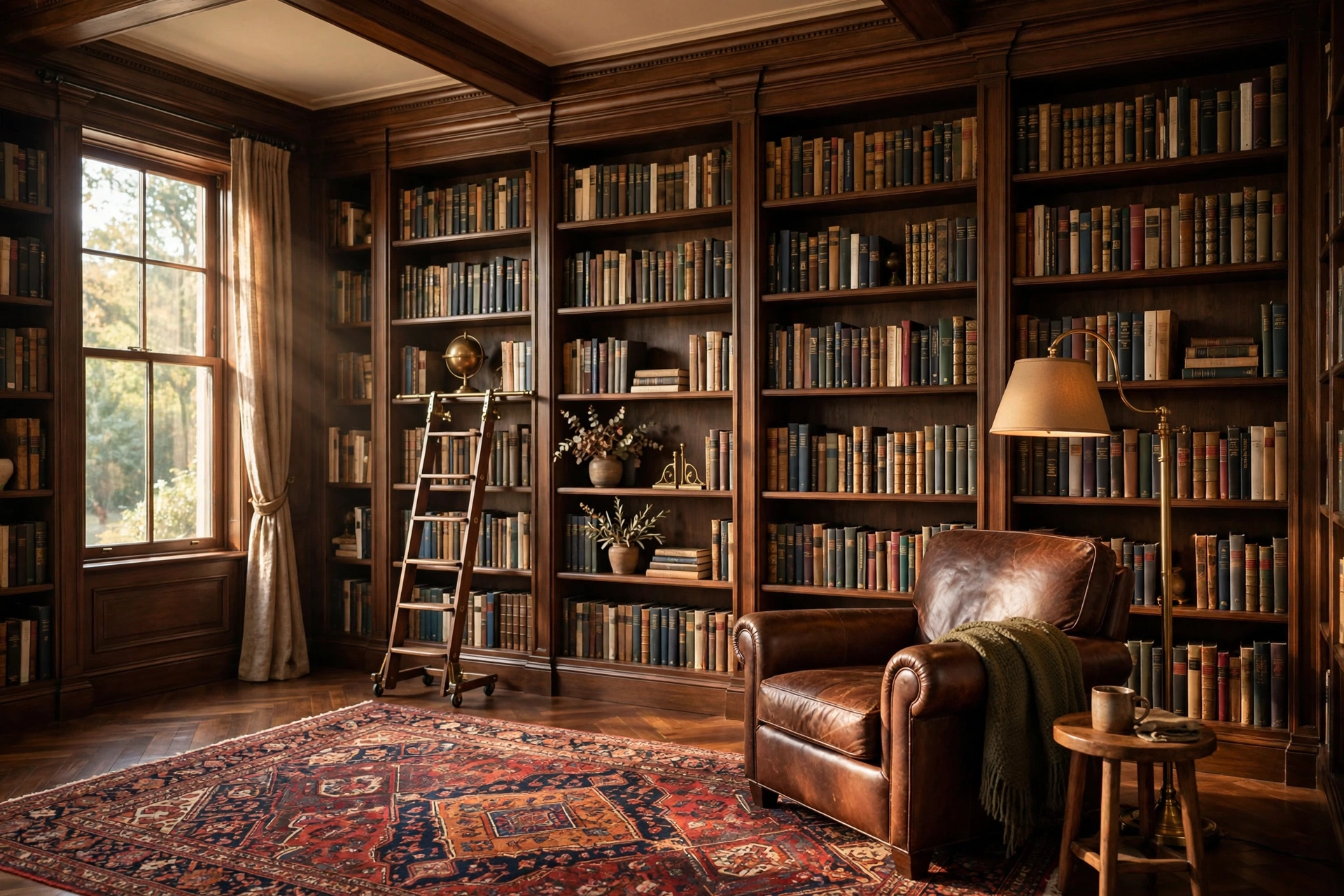 Home library design ideas showing a grand library with floor-to-ceiling bookshelves and a leather reading chair.