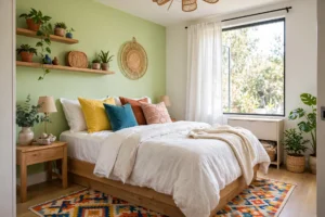 Stylish small apartment bedroom with cozy bed and bright decor