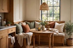Cozy kitchen banquette nook with cushions and round table
