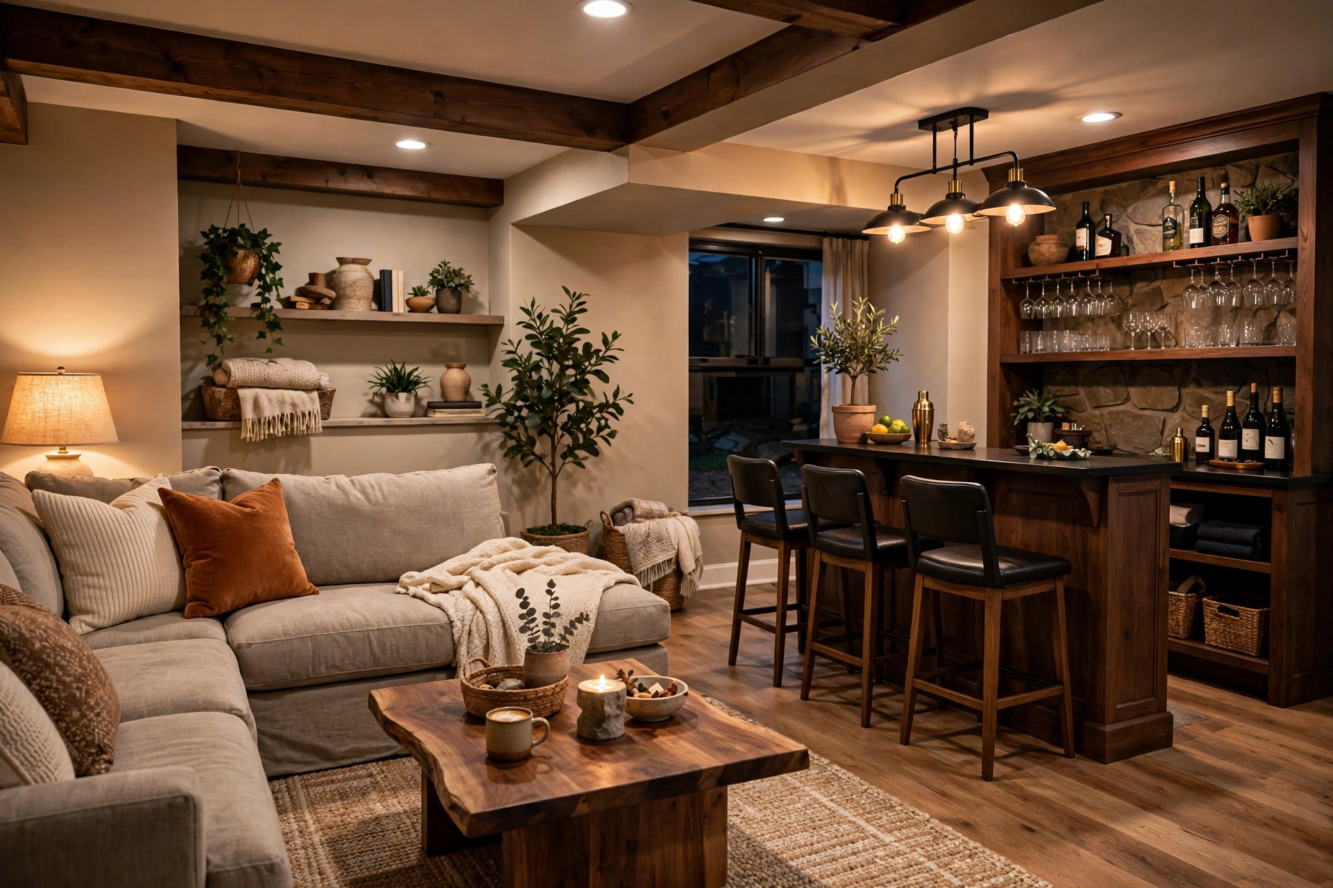 Cozy basement living room with sectional sofa, warm lighting, and bar corner for entertaining