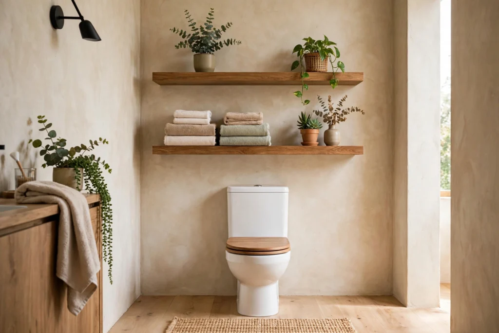 Bathroom with floating wood shelves above toilet styled with towels and plants