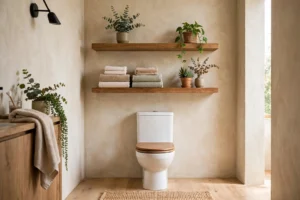 Bathroom with floating wood shelves above toilet styled with towels and plants