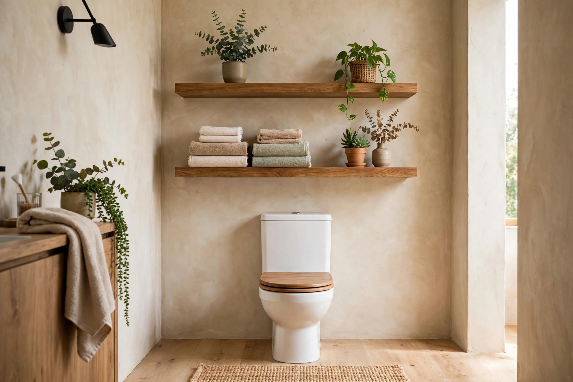 Bathroom with floating wood shelves above toilet styled with towels and plants