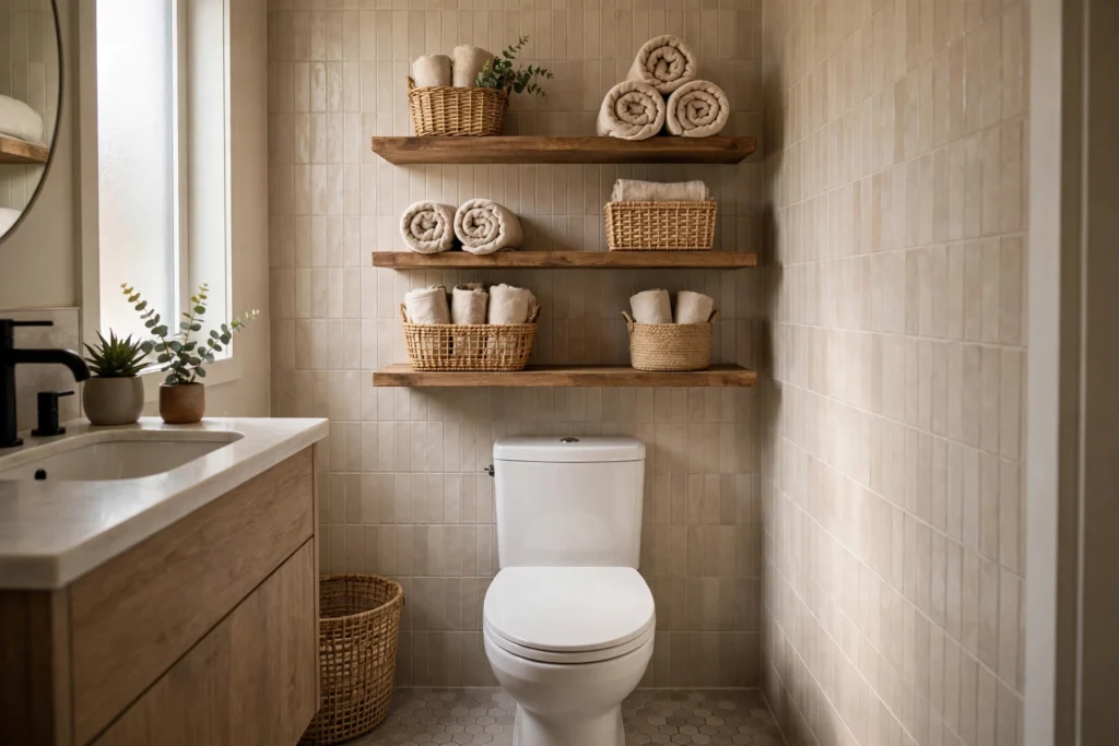 Small bathroom with floating shelves above toilet holding rolled towels and baskets