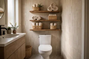 Small bathroom with floating shelves above toilet holding rolled towels and baskets