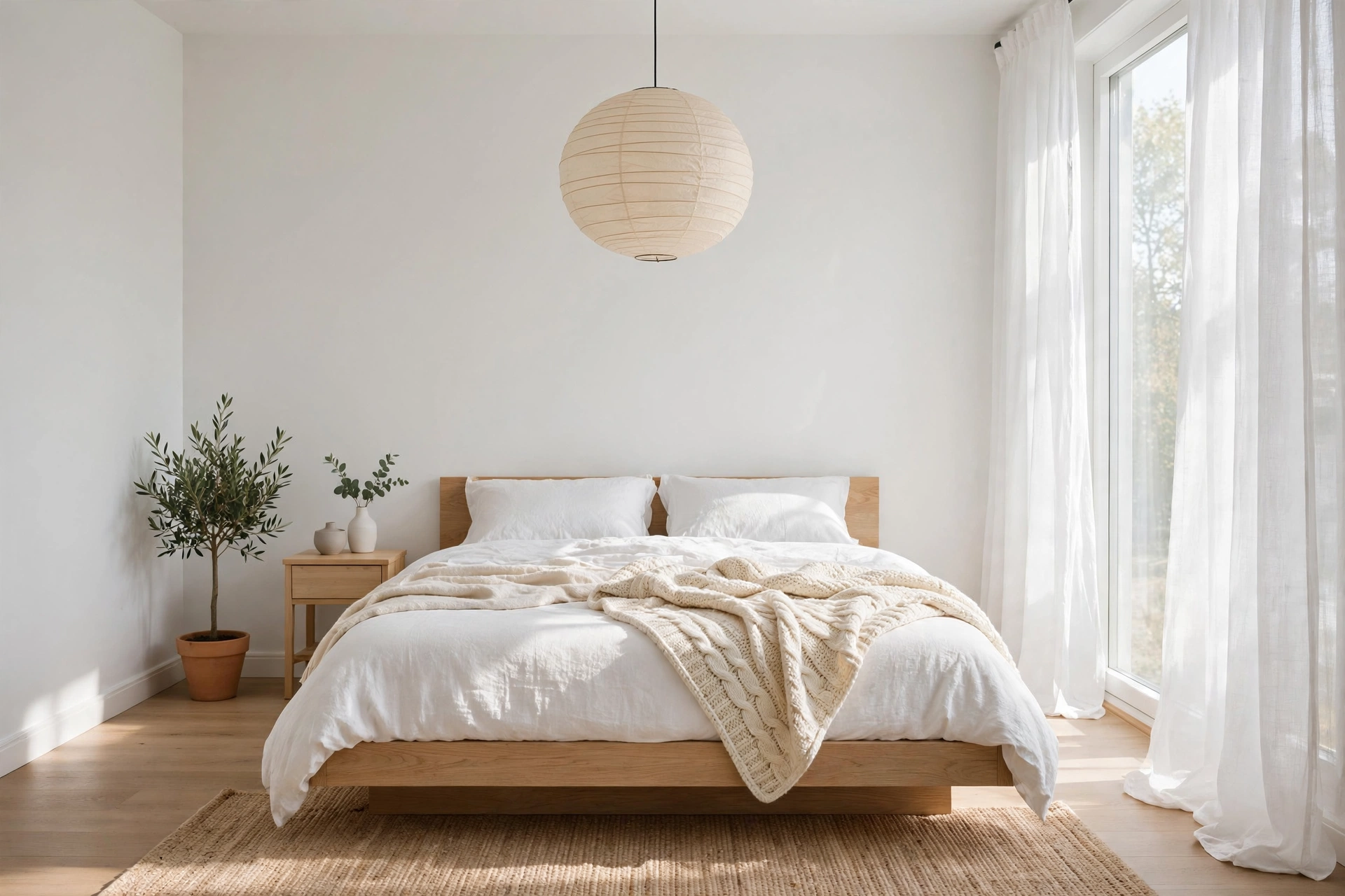 Bright Scandinavian bedroom with light oak platform bed, white linen bedding, sheer curtains and paper lantern pendant