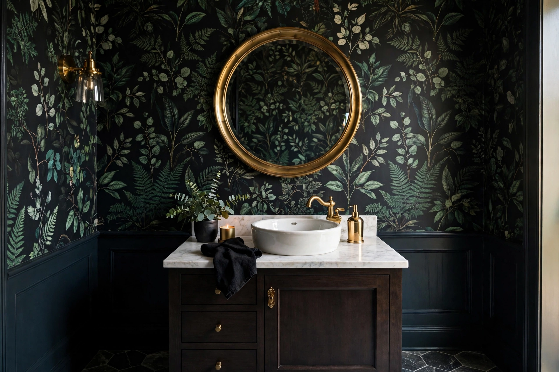 Powder room with bold dark botanical wallpaper and brass mirror