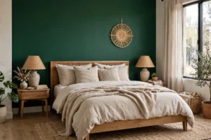 Bedroom with a bold painted accent wall behind the bed and cozy neutral bedding