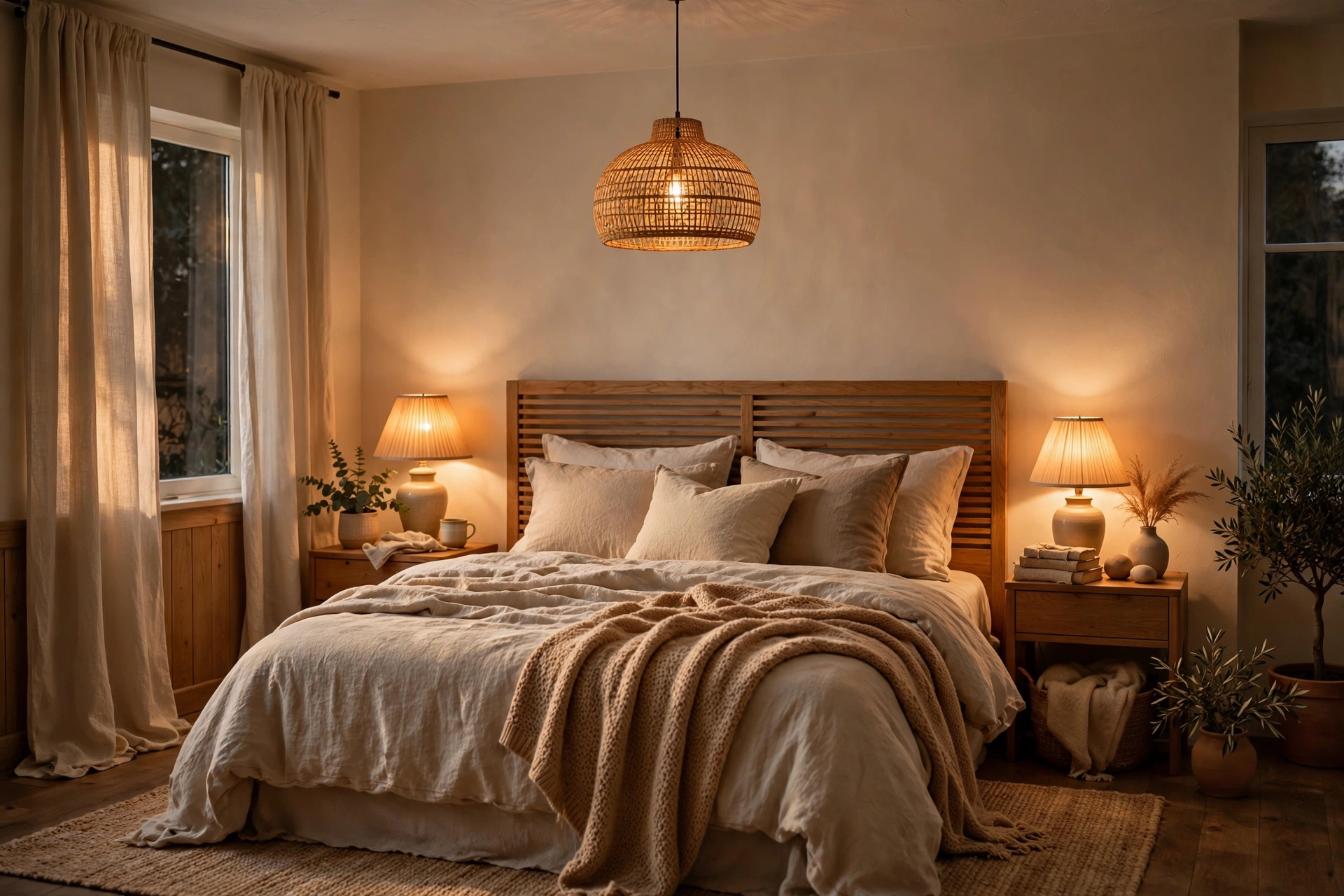 Cozy bedroom glowing with warm layered lighting, bedside lamps, and pendant light