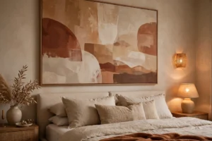 Beautiful bedroom wall decor above the bed with oversized art and warm lighting