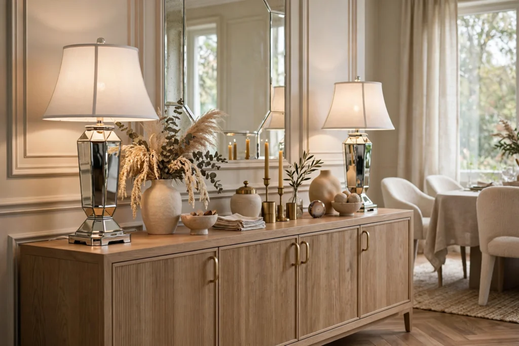 Elegant dining room buffet styled with mirror lamps and decor