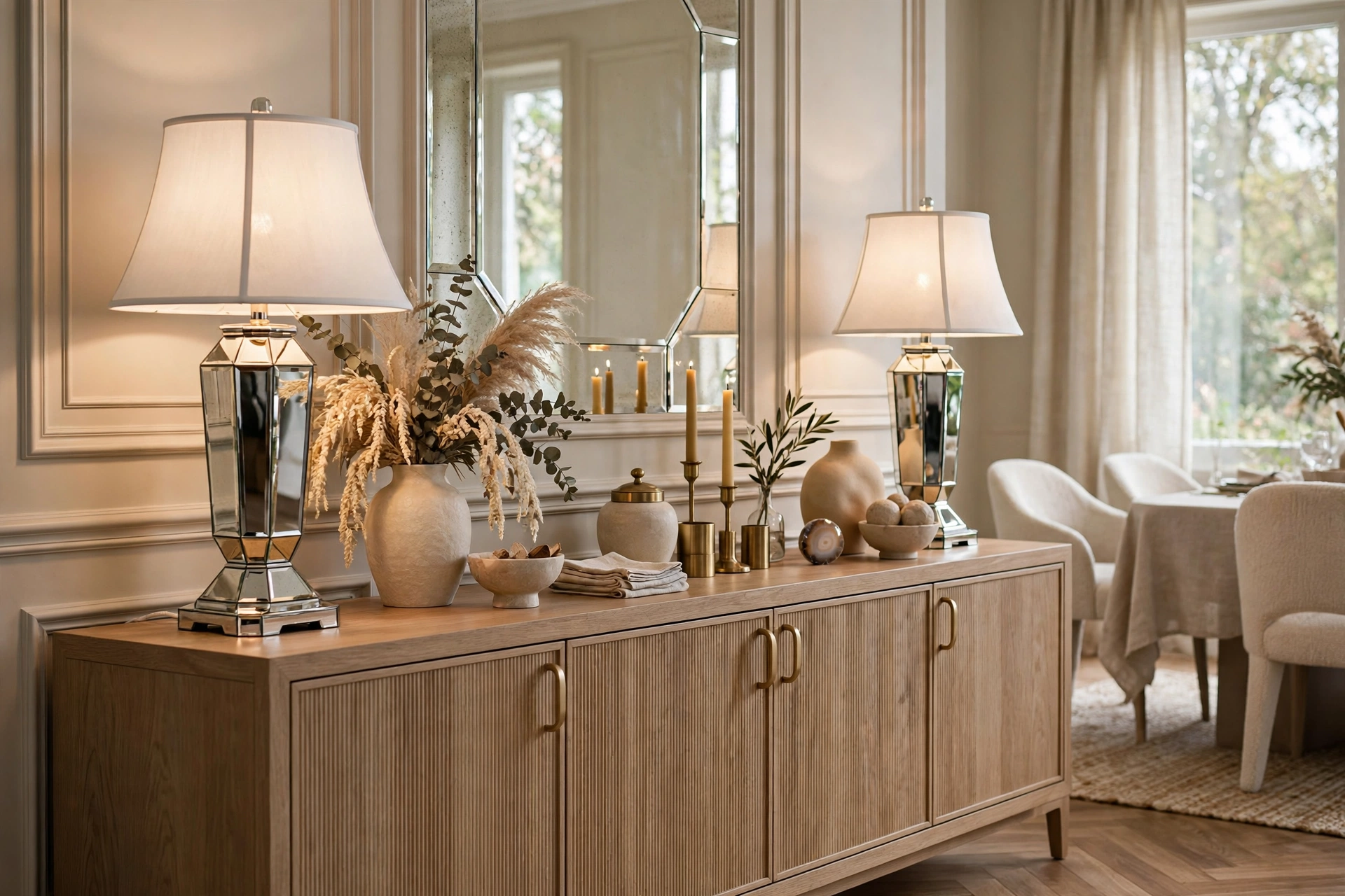 Elegant dining room buffet styled with mirror lamps and decor