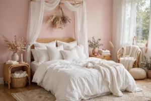Dreamy girls bedroom with blush pink walls and cozy white bedding